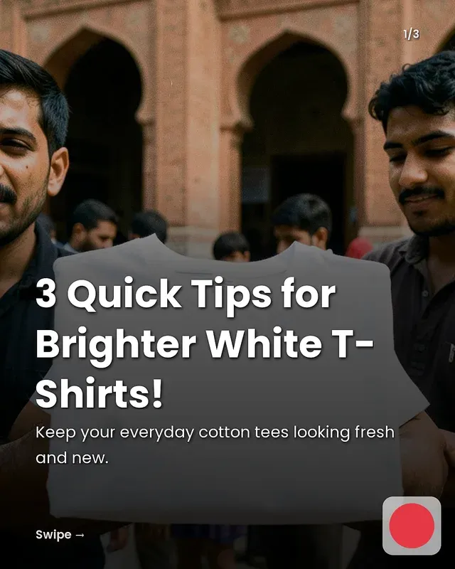 Carousel cover: two young men by a red-brick arch, headline “3 Quick Tips for Brighter White T-Shirts”