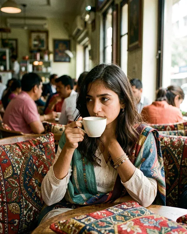A woman drinking tea in a busy local café with patterned cushions