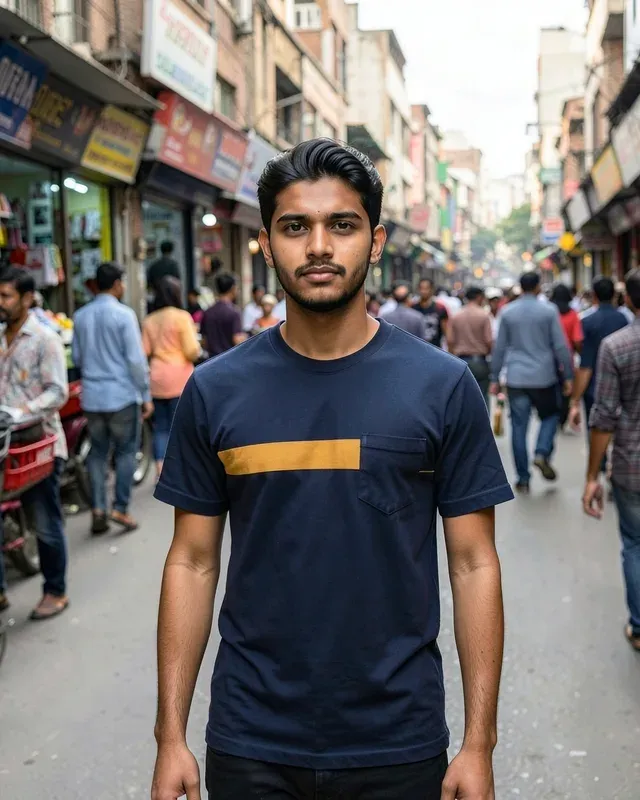 A young man in a busy Lahore street wearing a navy T-shirt with a yellow stripe