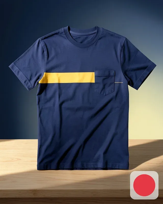 A navy T-shirt with a yellow stripe on a wooden table in soft studio light