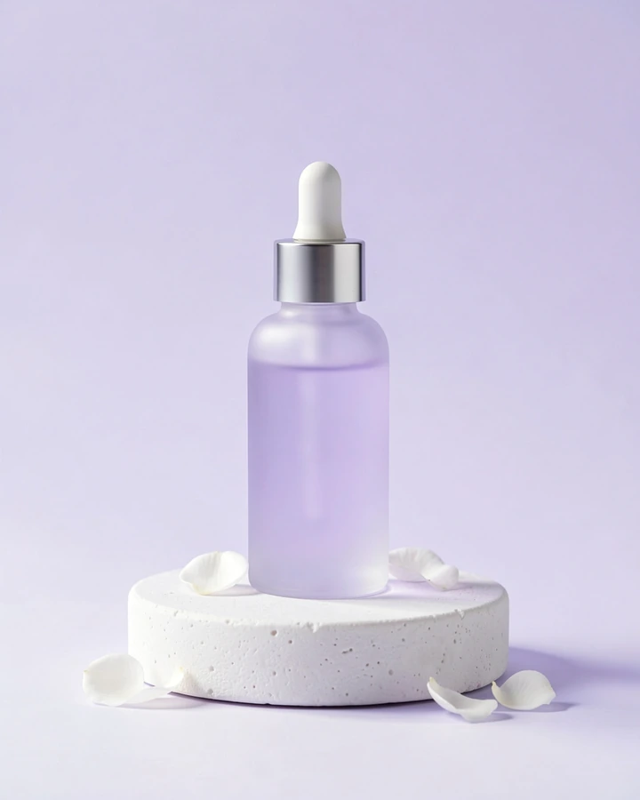 A frosted lavender serum bottle with a dropper standing on a white stone pedestal in soft lavender light